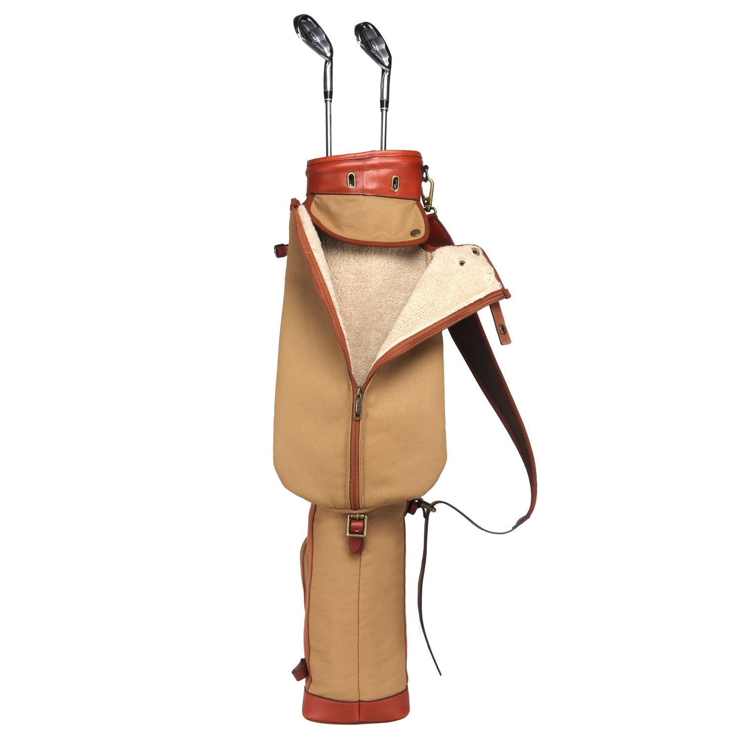 TOURBON Canvas & Leather Golf Club Carry Bag Khaki Golf Sunday Carrier Fleece Padded Pencil Style 89CM