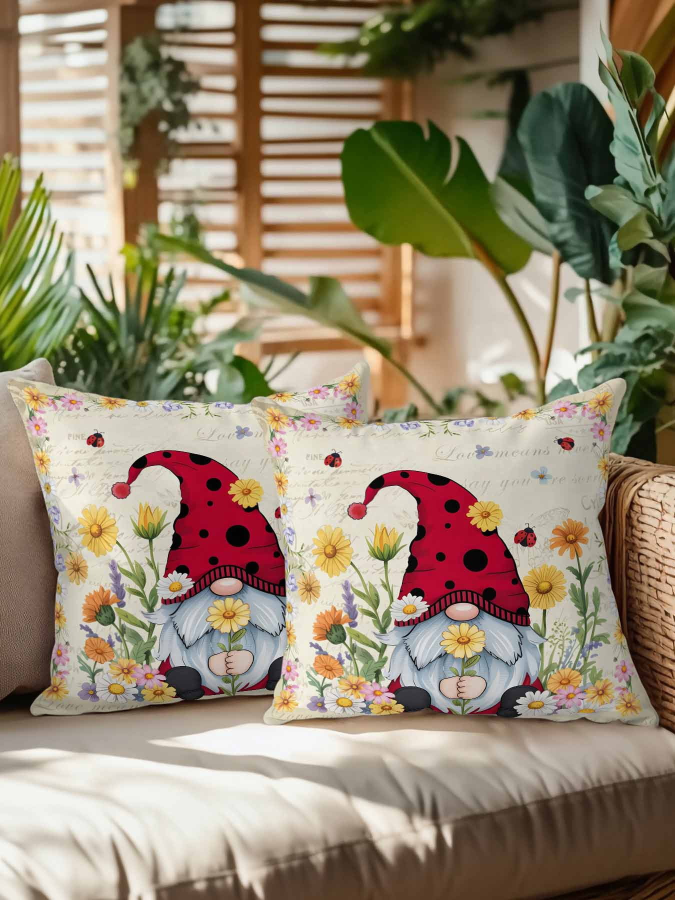 Outdoor Pillows Waterproof, Vintage Gnomes Bedding Throw Pillows with Insert for Couch Sofa Bed, Rustic Pastoral Daisy Botanical Floral 16x16 Inch Pillowcases Decorative Patio Pillow Set of 2
