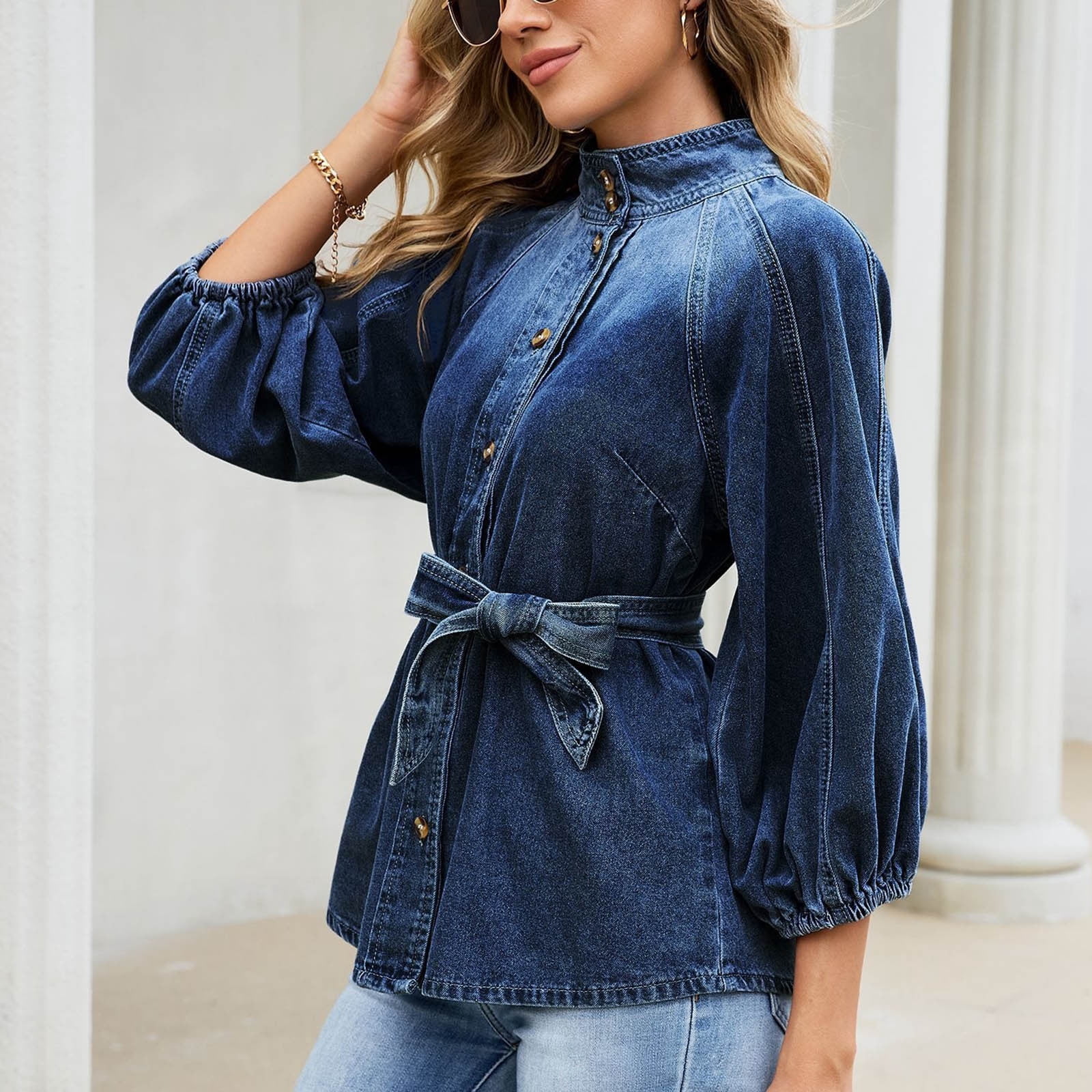 Ke1Clo 3/4 Sleeve Tops for Women Casual Fashion Button Down Tie Front Puff Sleeve High Neck Loose Denim Blouse Curved Hem Flowy Bandage Fall Top Dark Blue L