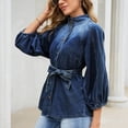 thumbnail image 4 of SETOOFF Womens 3/4 Length Sleeve Tops Denim Blouses Stand Collar Button Front Belted Waist Puff Sleeve Casual Shirts Women Spring Fall Travel Daily Outfit, 4 of 9