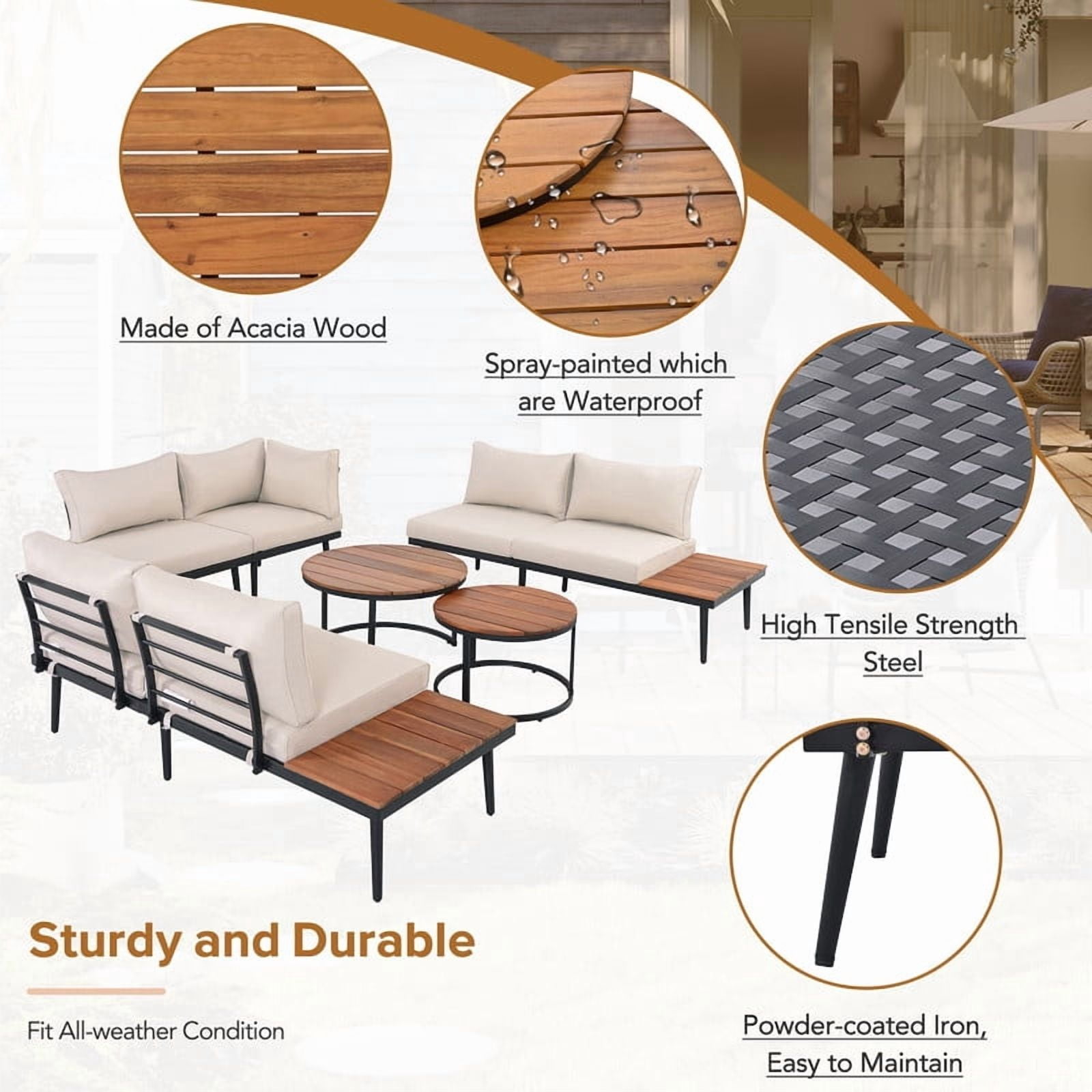 6-Piece L-Shaped Outdoor Sectional Sofa Set with Round Nesting Coffee Tables, Patio Furniture Set with Side Tables, Outdoor Conversation Set with Cushions