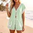 thumbnail image 2 of Likimi 2 Piece Sets For Women With Tassels Shorts Sleeve V Neck Solid Color Pocket Top With High Waist Shorts Summer Breathable Soft Outfit Set Light Green Size M, 2 of 5