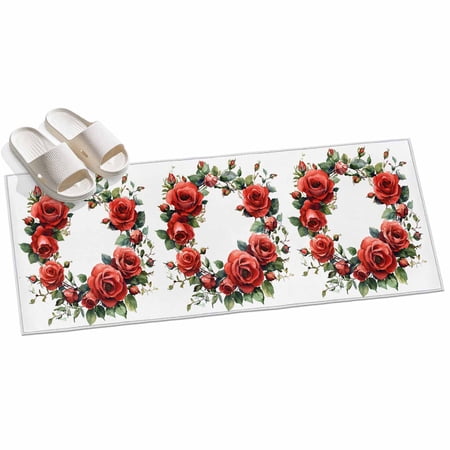 Area Rug 2x6ft Red Rose Wreath Area Rugs for Kitchen Runner Rug Watercolor Flowers Non Slip Floor Carpet Mat for Kitchen Entryway Bathroom Office Home Decor