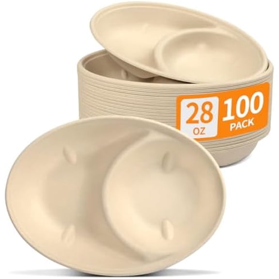 2 Compartment Oval Paper Bowls 100 Pack, Disposable Chip and Dip Bowls for Party Chips and Salsa Bowl for Party, Divided Snack Bowl Disposable