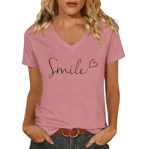 DHFJKG Women V Neck Top Short Sleeve T Shirt Casual Letter Graphic Tee Crew Neck Daily Wear Comfortable Summer Tshirts Versatile Tops