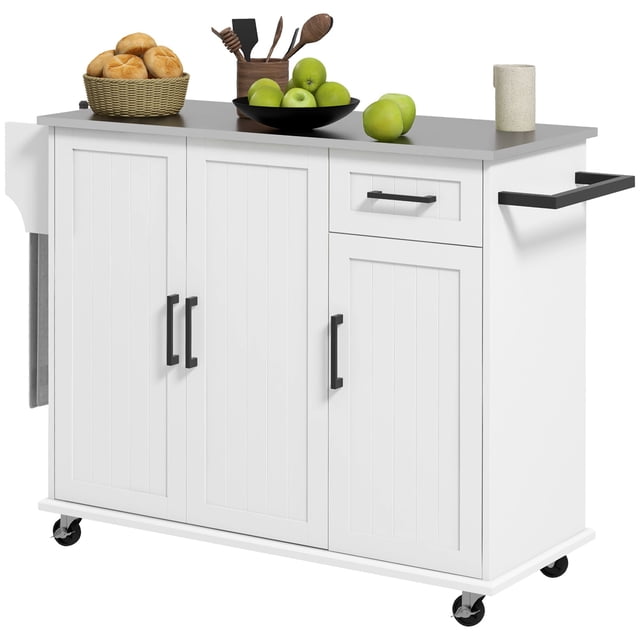 White Kitchen Island with Stainless Steel Countertop & Storage Cart - Rolling Kitchen Island for Small Spaces, Dining & Prep