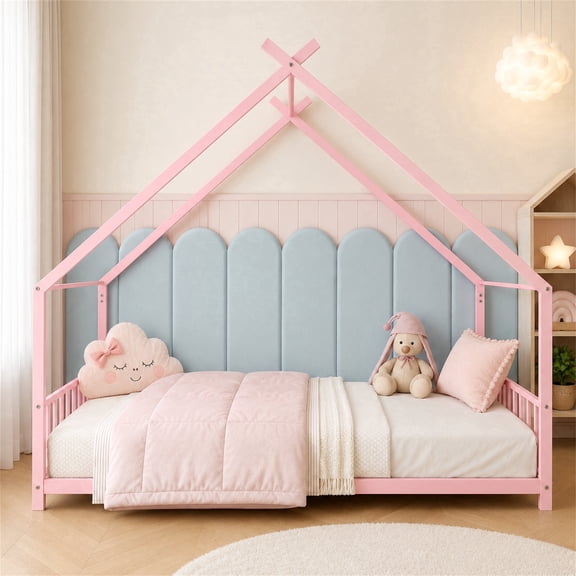 SESSLIFE Montessori Floor Bed Frame, Twin Size House Bed with Roof and Guardrail, House-Shaped Design, No Box Spring Needed, Easy Assembly, Pink