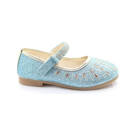 Little Girls Blue Glitter Stone Encrusted Mary Jane Dress Shoes