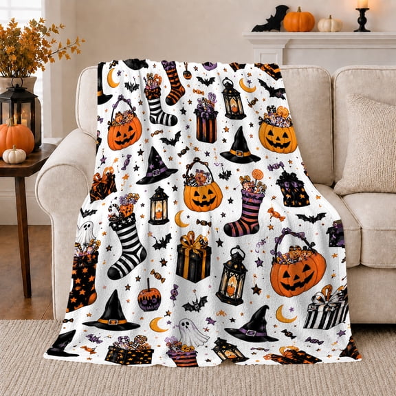 Playful Trick-Or-Treat decorative motif Collecting autumn celebration, Warm Flannel Blanket for Living Room and Family Room, Festive autumn celebration Scene, Art Lovers autumn celebration Gift