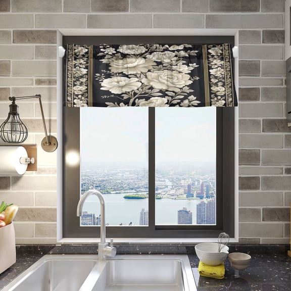 BZSMCE Alance Curtains Design White and Black Flower Pattern Design Modern Style Pattern Window Curtain Valance 52W" x 18L" for Kitchen Living Room Bedroom
