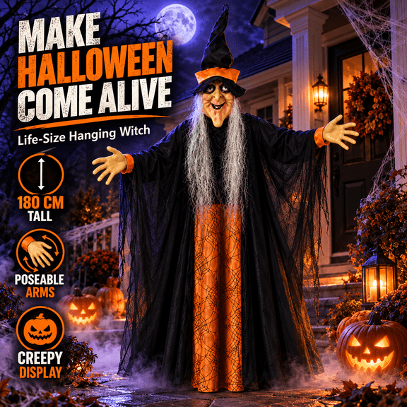 Halloween Hanging Witch Decoration, Spiderweb Pattern, Black, 70.9in