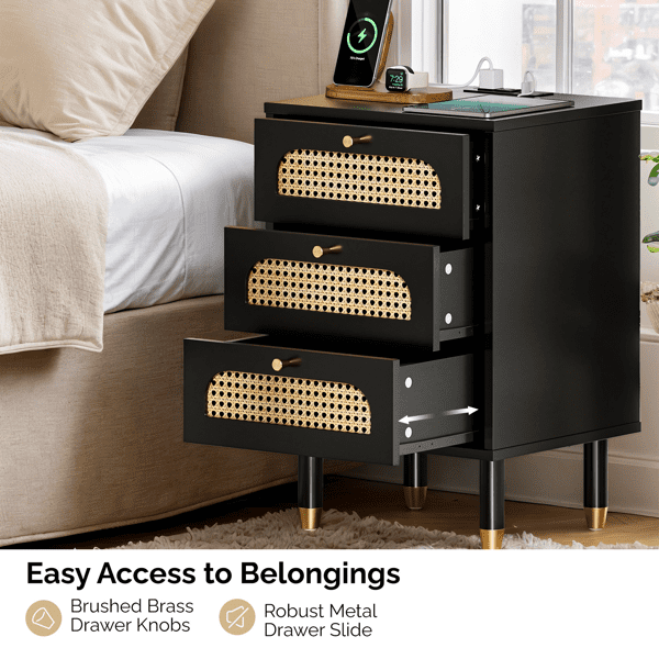 Alvantor 3-Drawer Nightstand with Built-in Charging Station, Black Rattan Accent Fronts, USB Ports and Power Outlet