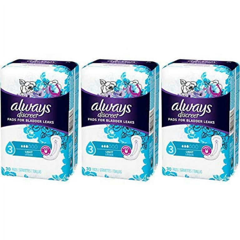 Always Discreet, Incontinence Light Pads, 3 Drops, 30 Pads each (Value Pack  of 2)