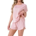 thumbnail image 4 of INSPIRE CHIC Womens Satin Silky Pajama Set Short Sleeve Crew Neck Front Pocket Top and Drawstring Shorts Sleepwear S Pink, 4 of 5
