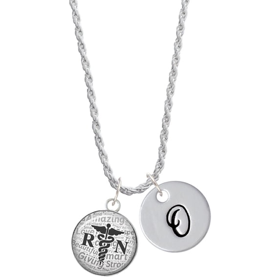 Delight Jewelry Silvertone Domed Black RN Silvertone Script Initial Disc - O - Charm Necklace, 20"+3"