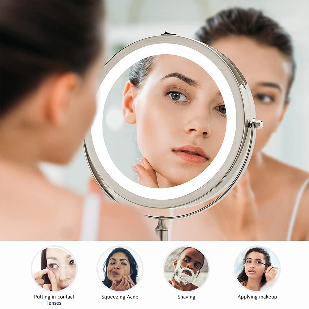 OVENTE Wall Mounted Lighted Makeup Mirror, 7" Double Sided 1X/7X Magnifying Vanity Mirror for Bathroom with LED Lights, Cordless, 360° Rotation and 13" Extendable Arm, Nickel Brushed MFW70BR1X7X