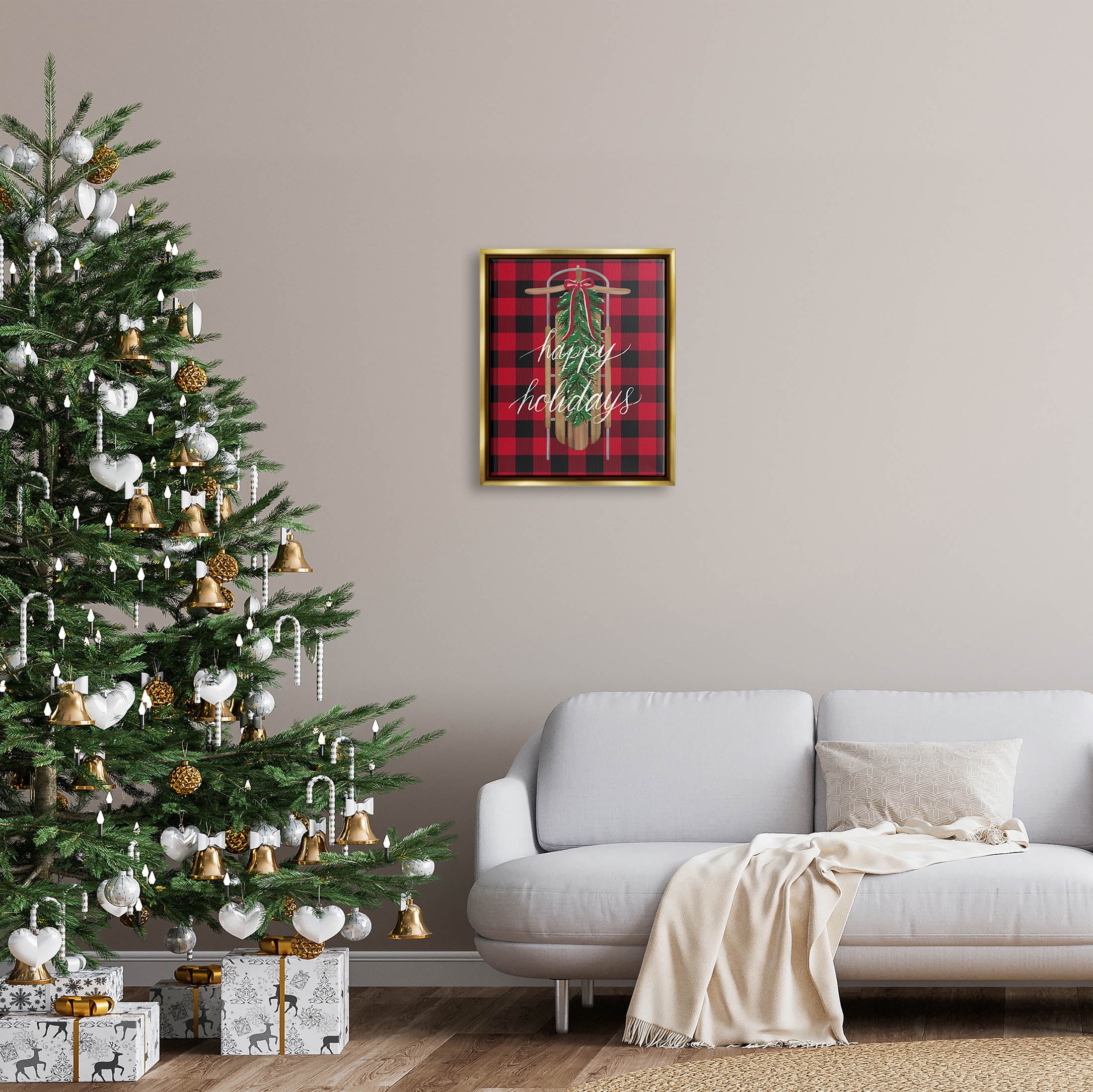 Stupell Industries Happy Holidays Tartan Sled Graphic Art Metallic Gold Floating Framed Canvas Print Wall Art, Design by Amanda McGee