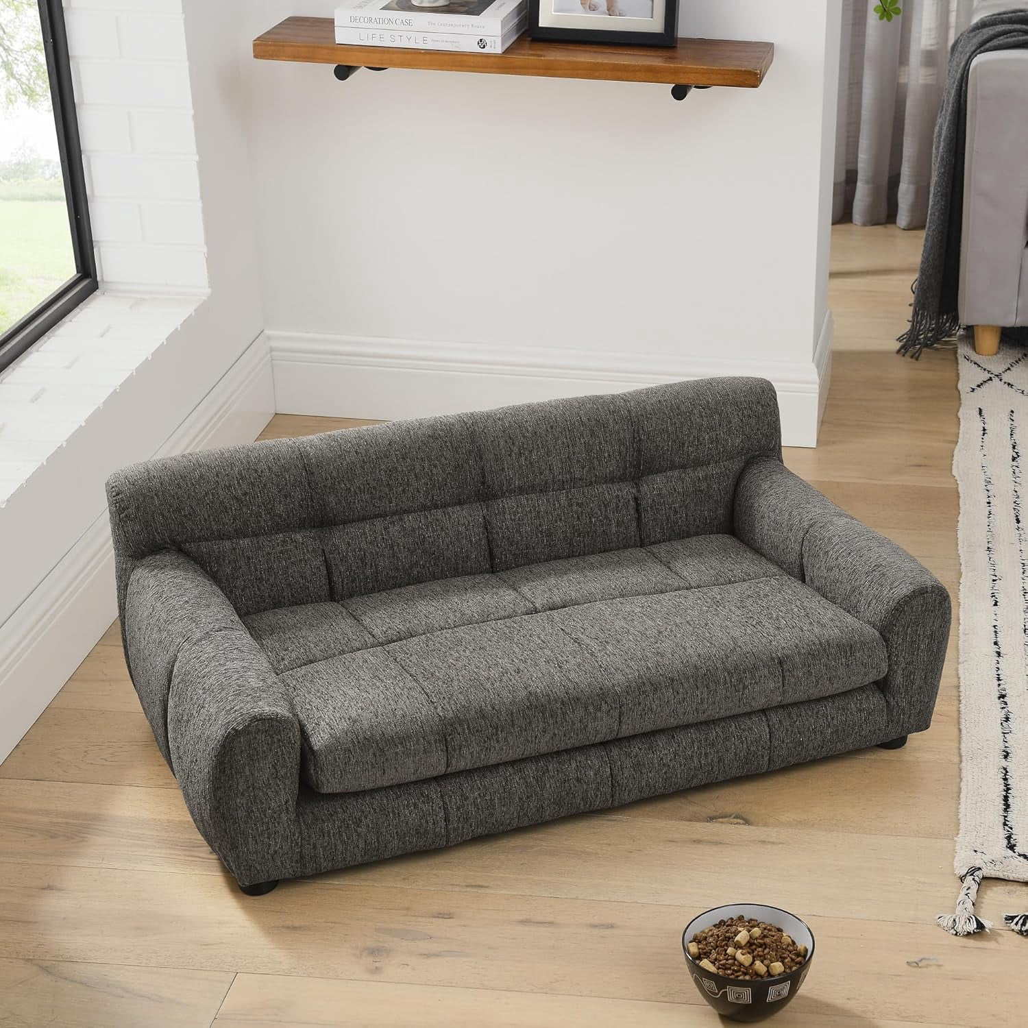38" Dog Sofa Bed, Elevated Dog Bed with Backrest and Armrests, Soft Memory Foam Couches for Small and Medium-Sized Pets, Durable Linen Pet Couch Furniture, Dark Gray