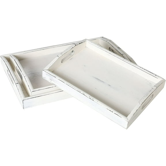 MyGift Rustic White Wood Nesting Serving Trays with Oval Cutout Handles, Set of 3