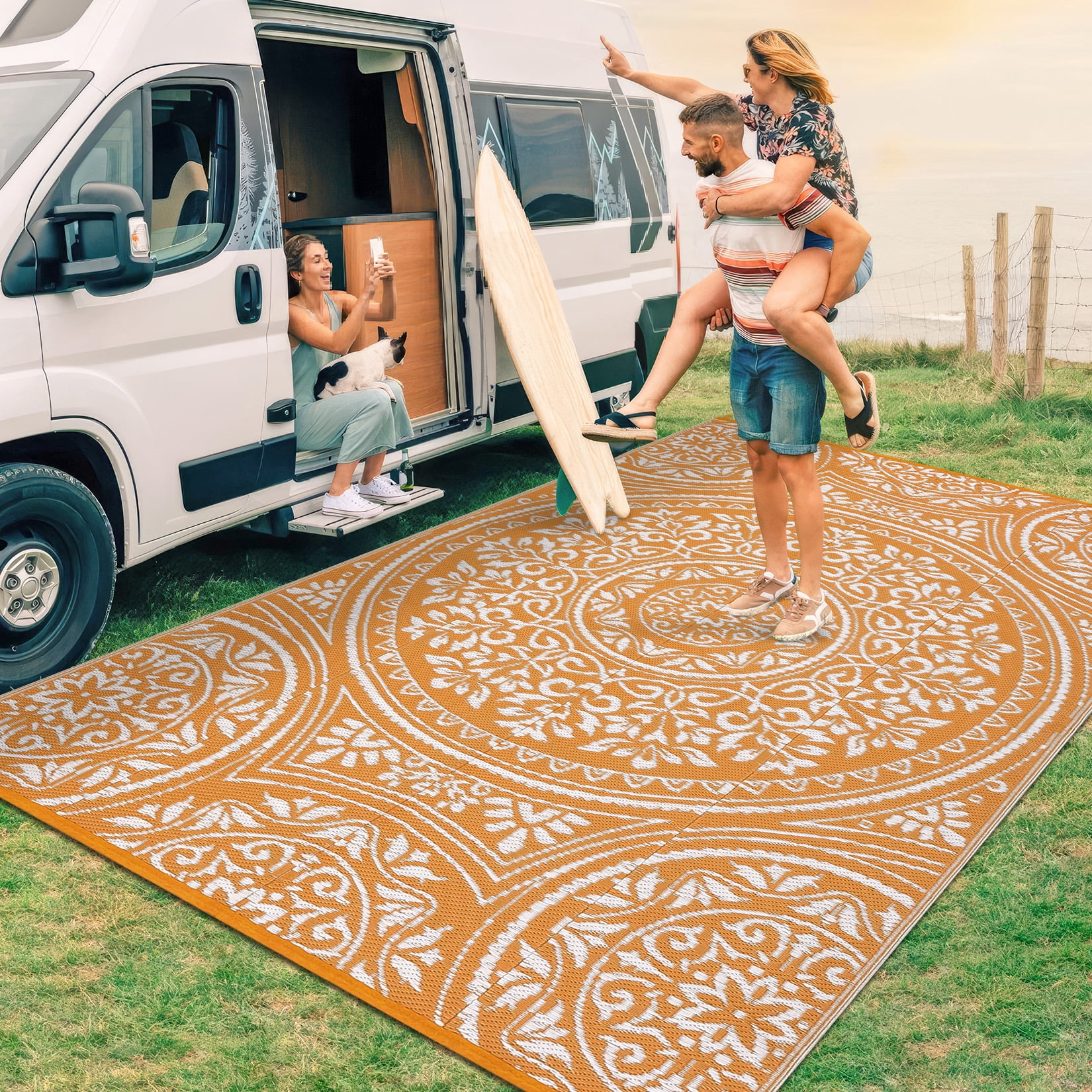 Garvee 9'x18' Waterproof Outdoor Rug Floral Reversible Outdoor Carpet, Plastic Straw Rug Portable RV Picnic Camping Mat for Garden Backyard Deck Balcony, Orange