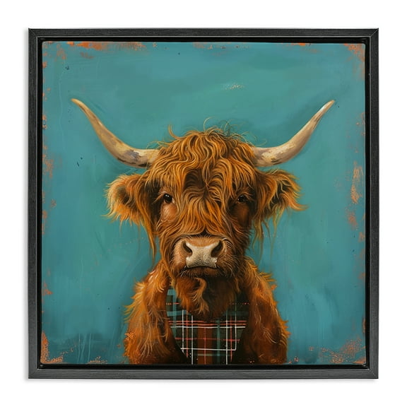 Stupell Industries Highland Cow on Blue Animals Painting Black Floater Framed Canvas Art Print Wall Art, 18 x 18