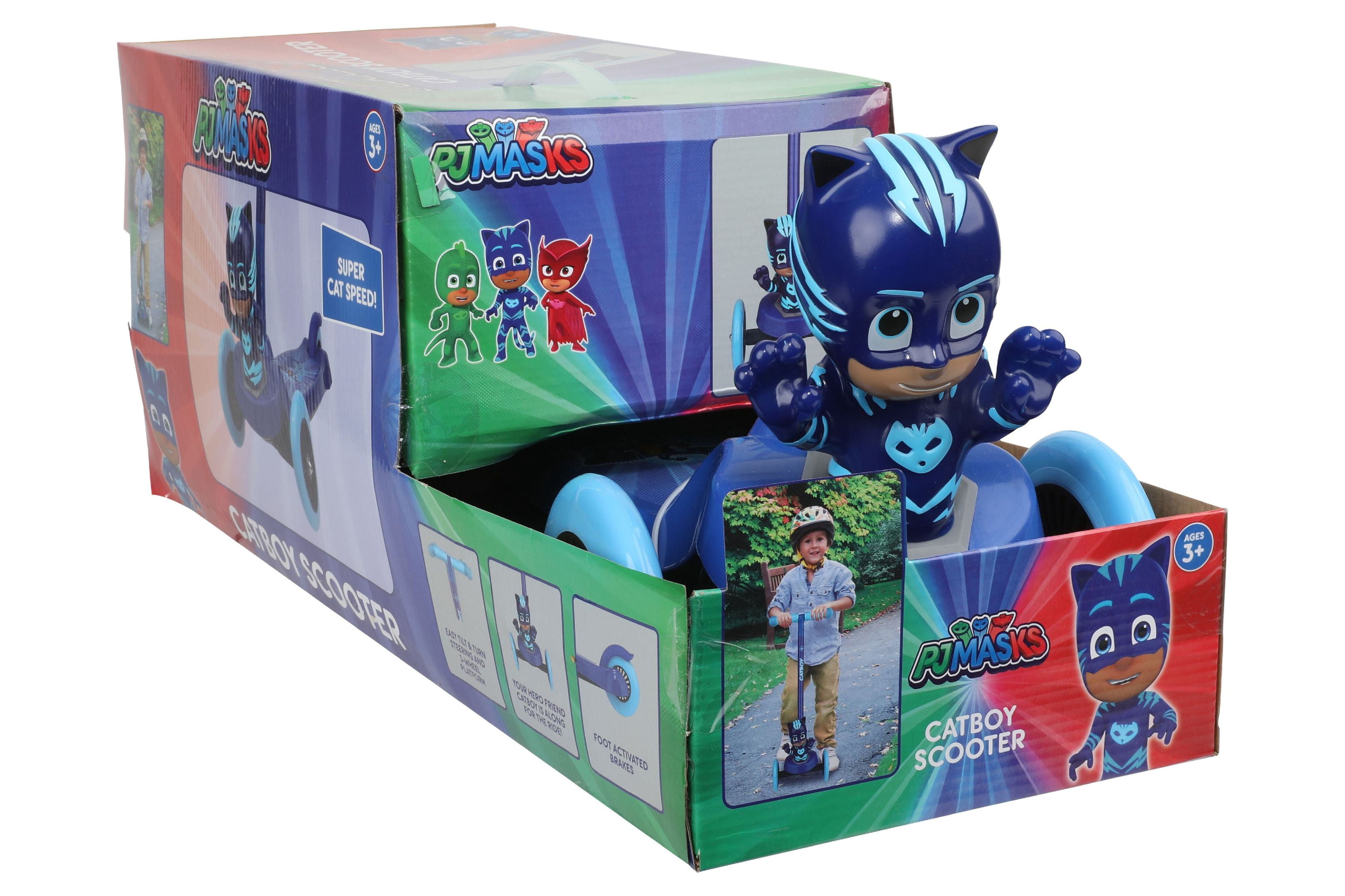 PJ Mask Catboy 3D Scooter with 3 Wheels Tilt and Turn- Blue, For Boys and Girls Ages 3+, Max Weight 75lbs, Foot-Activated Brakes