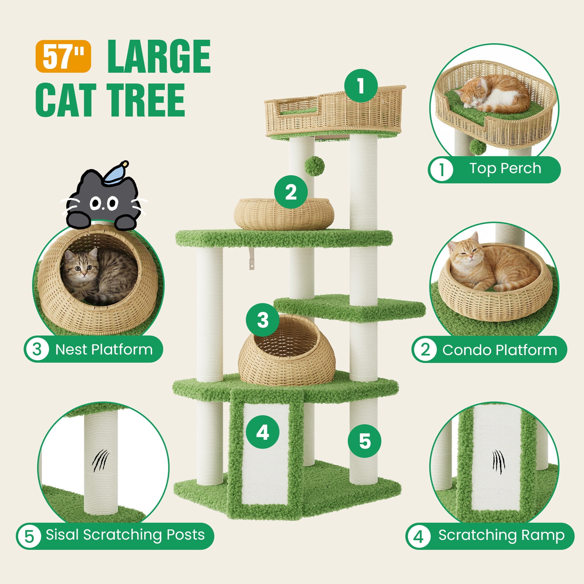 Merrland 57" Cat Tree for Indoor Cats and Kittens, Multi-Level Cat Tower with Teddy Fleece, Rattan Condo, Scratching Ramp and Posts, Dual-Sided Cushion Design, Green