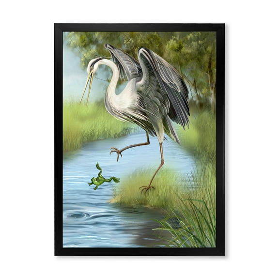 Designart 'Crane Hunting A Frog' Farmhouse Framed Art Print