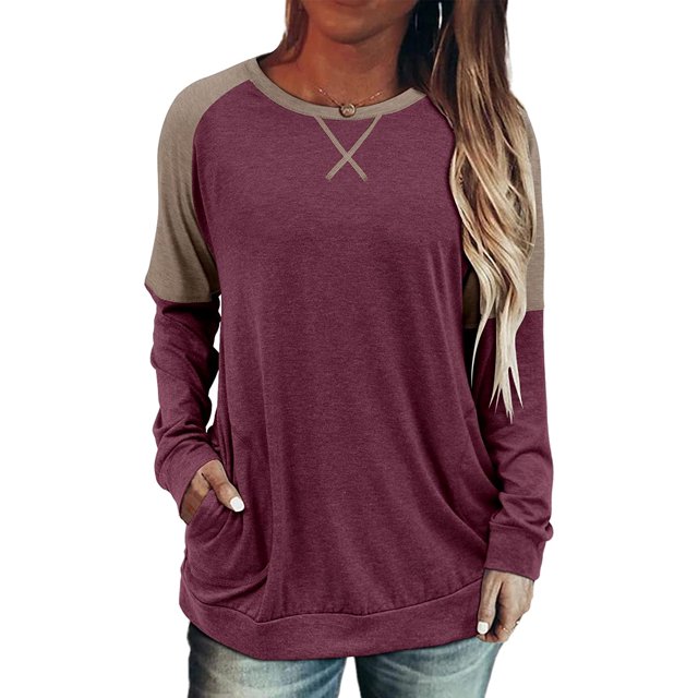 Womens Tops Color Block Pullover Long Sleeve T Shirts with Pockets Crew Neck Tunic Blouse