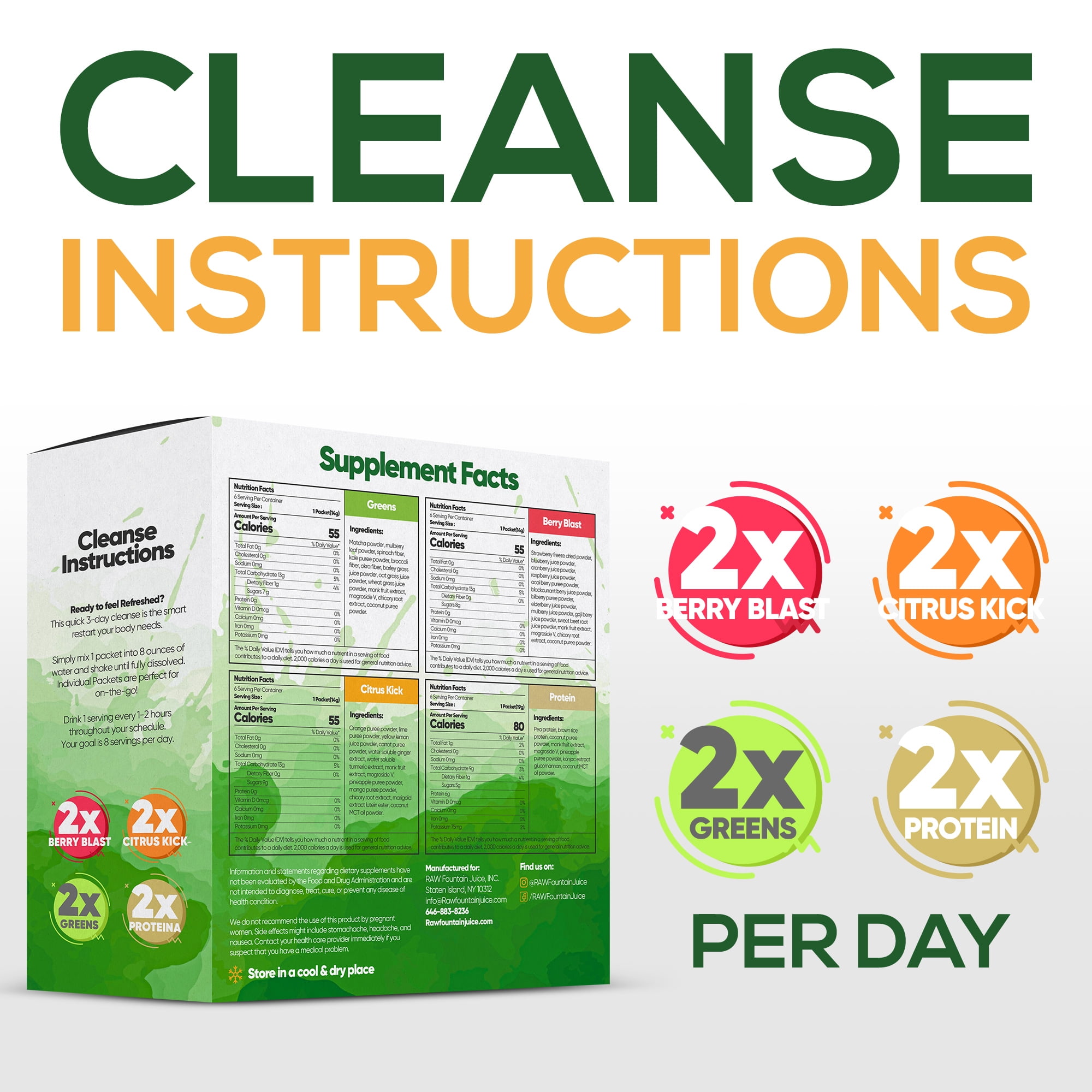 3 Day Juice Cleanse Detox, 24 Powder Packets, Travel & Vegan Friendly, Weight Loss Program, All Natural