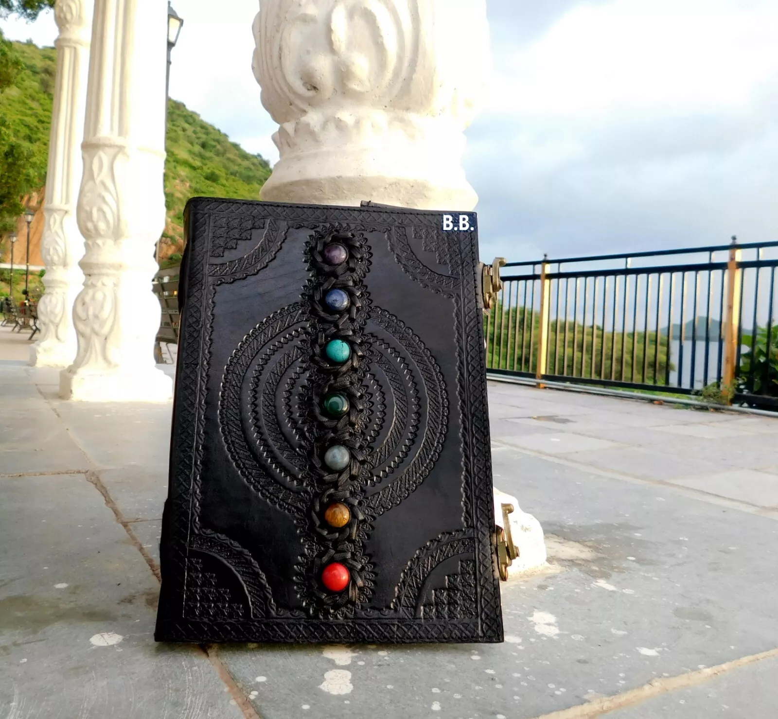 Handcrafted Embossed Design Vintage Leather Bound Journal Seven Chakra Stone Diary Blank Notebook For Men & Women