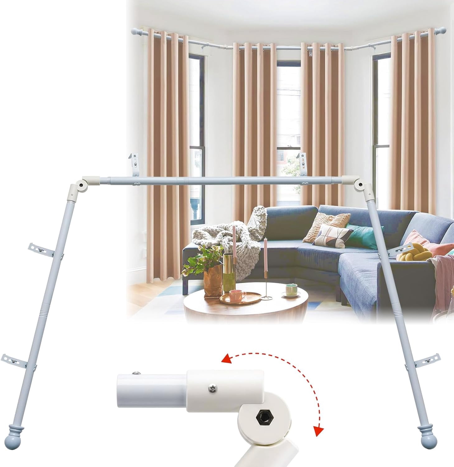 Corner Curtain Rod for Windows - L Shaped 30 to 136 Inches Adjustable,1 Inch Heavy Duty Corners Window Curtain Rods, 180° Connector Angled Drapery Pole -Black