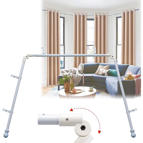 Bay Window Curtain Rods, 36-160" Heavy Duty Corner Curtain Rod, Adjustable DIY Design for Center and Side Rods,U-Shape 1 inch Drapery Rod Set with Brackets for Windows - White
