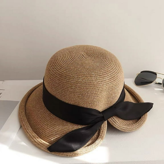 SikaFu French Elegant Bow Straw Hat With Split Back Design, Sweet Summer Sunshade And Sunscreen Beach Hat For Women
