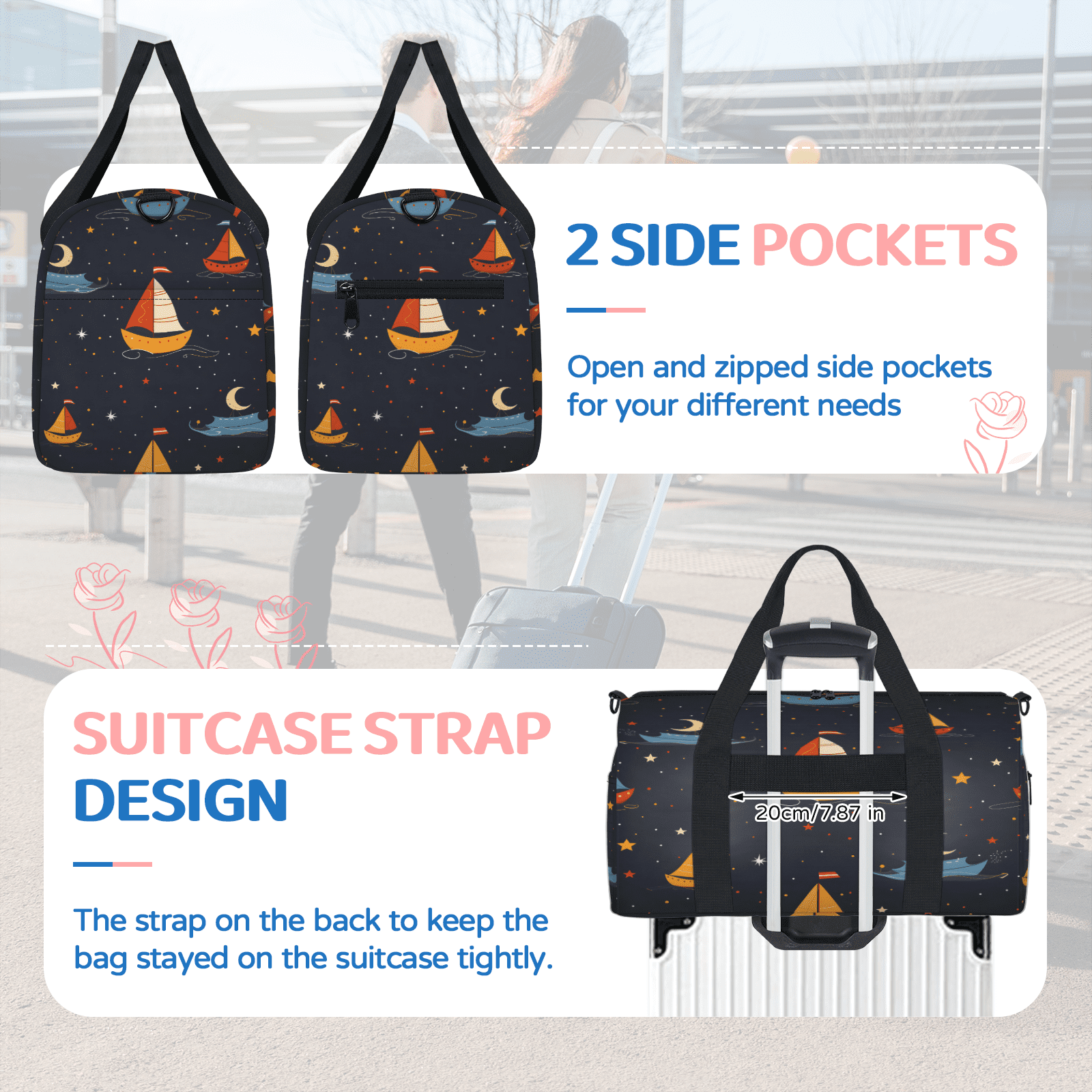Herdesigns Nautical Sailboat Gym Bag for Women, Duffle Bag for Travel Sport, Starry Sky Lightweight Waterproof Carry on Weekender Dance Yoga Workout Bags