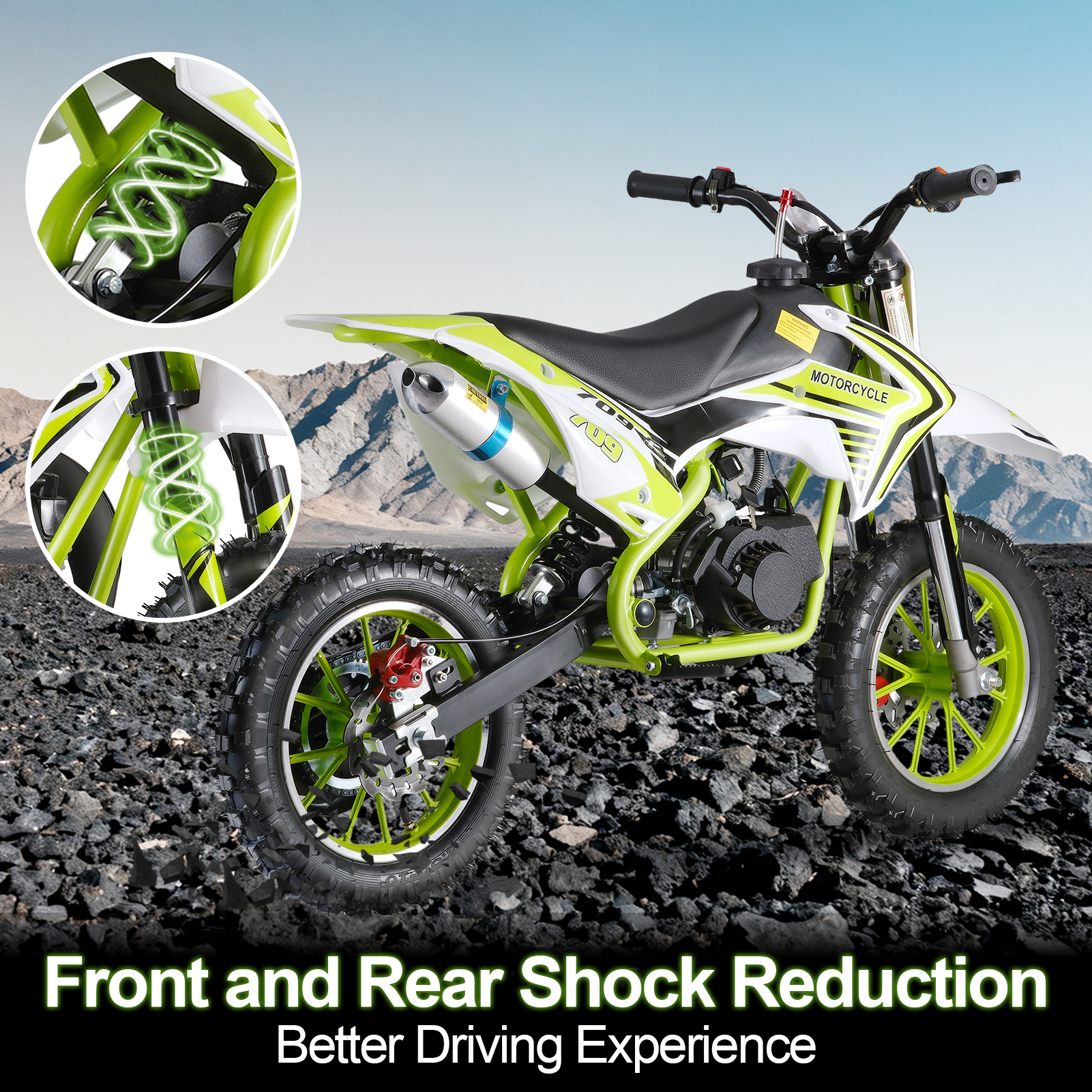 Fompes 49CC 2-Stroke Gas Powered Mini Dirt Bike Kids Dirt Bike 30KM/H Max Speed Easy Pull Start Front & Rear Disc Brakes 330LBS Capacity - Green