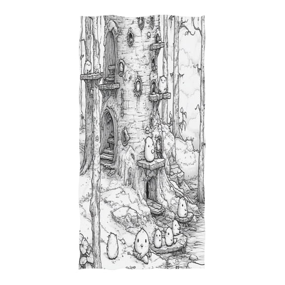 Line Art Tree House 74"x37" Sand Resistant Beach Towel, Quick Dry, Multi Use and Travel Ready