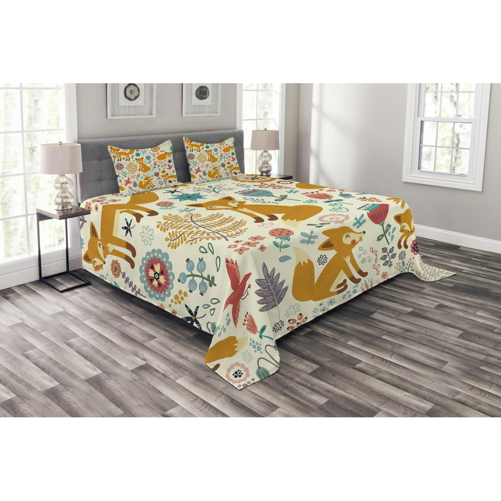 Fox Bedspread Set Queen Size, Natural Wildlife Composition with Cute