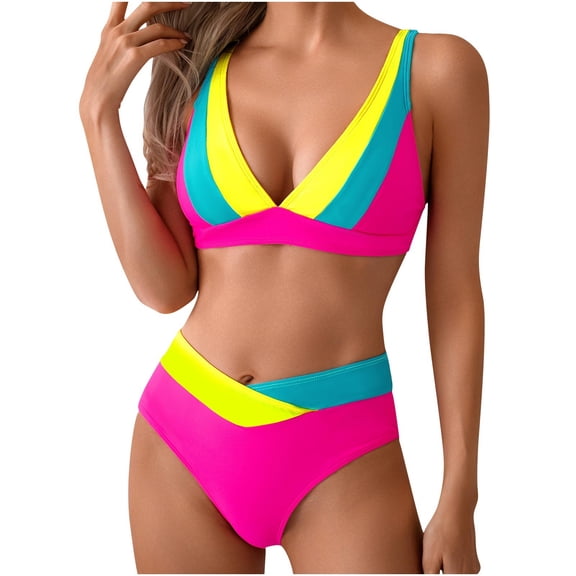 Yuanlook Women's Retro Tri-Color Block Twist Front Bikini Set High Waist Sporty Swimwear Size S-XXL
