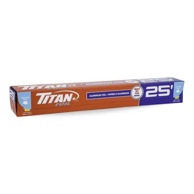 Titan heavy-duty aluminum foil roll with lock-in tab, 25 feet length in orange and blue box.