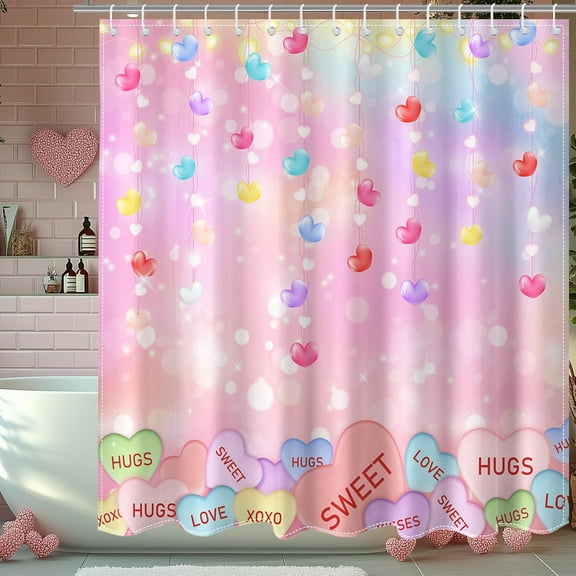Valentine''s Day Shower Curtain Cute Love Pink Hearts Valentine Sweetheart Bathroom Decor Curtain with 12 Hooks Romantic Holiday Shower Curtain Set, 72" x 72"