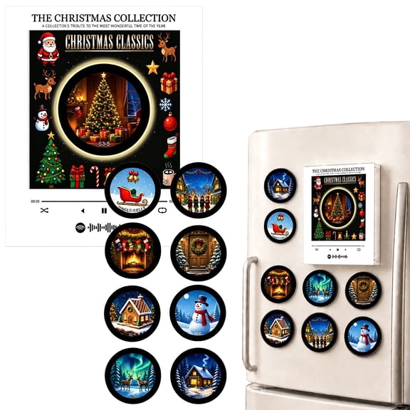 Christmas Fridge Magnet Music Player Set with 9 Discs, Mini Vinyl, Retro Magnetic Music Box, Programmable NFC Records and LED Light for Holiday Decor Stocking Stuffer Gift