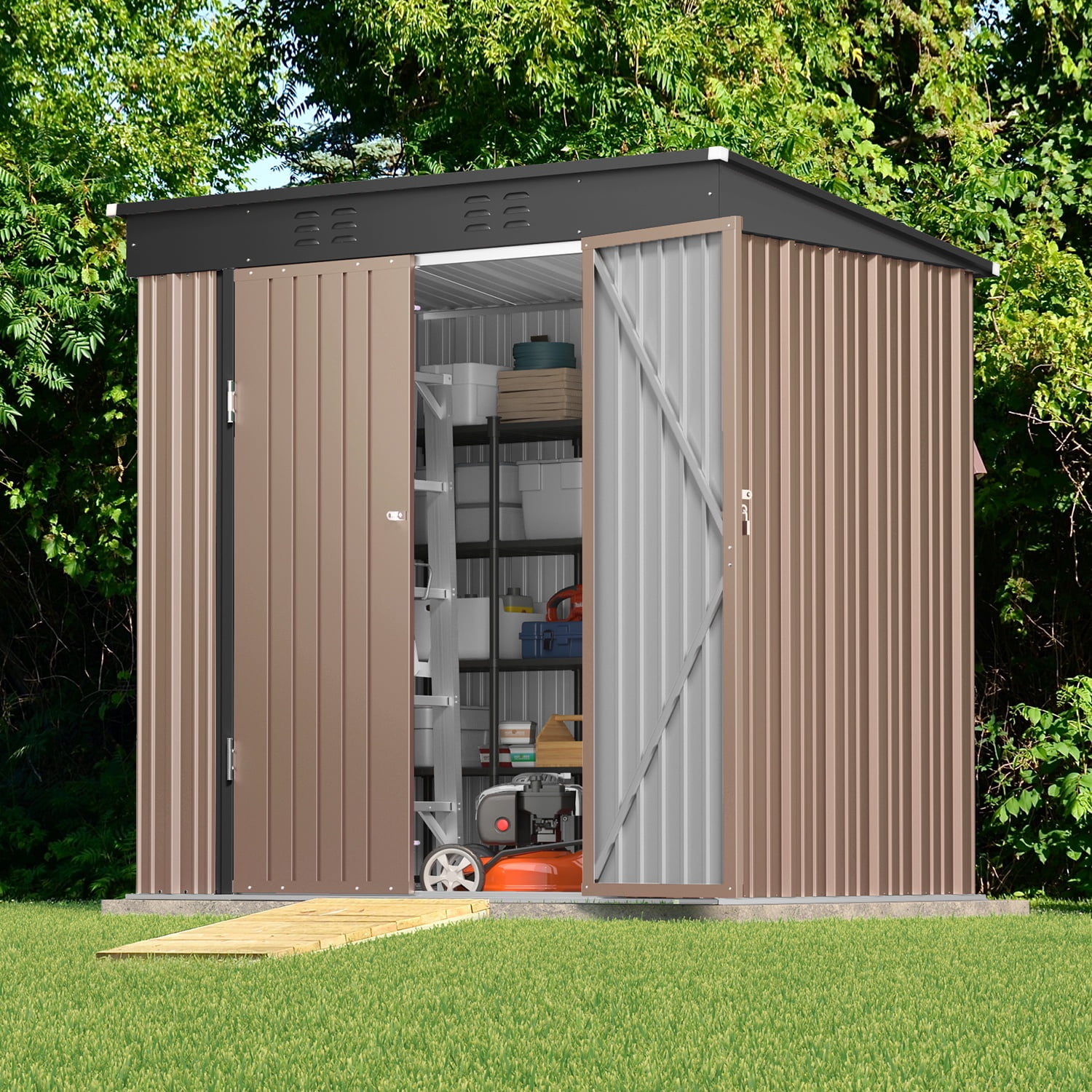 Lofka 6x4 FT Outdoor Storage Shed , Metal Garden Sheds & Outdoor Storage with Lockable Door for Backyard, Patio, Lawn, Brown