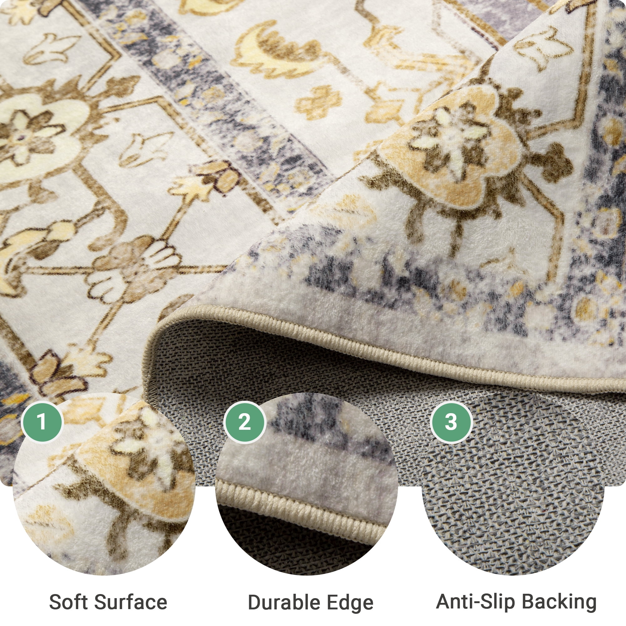 NewBuros 8'x10' Area Rugs for Living Room, Washable Non-Slip Vintage Tribal Print Rugs, Soft Low Pile Stain Resistant Carpet for Bedroom Dining Room, Gray & Yellow