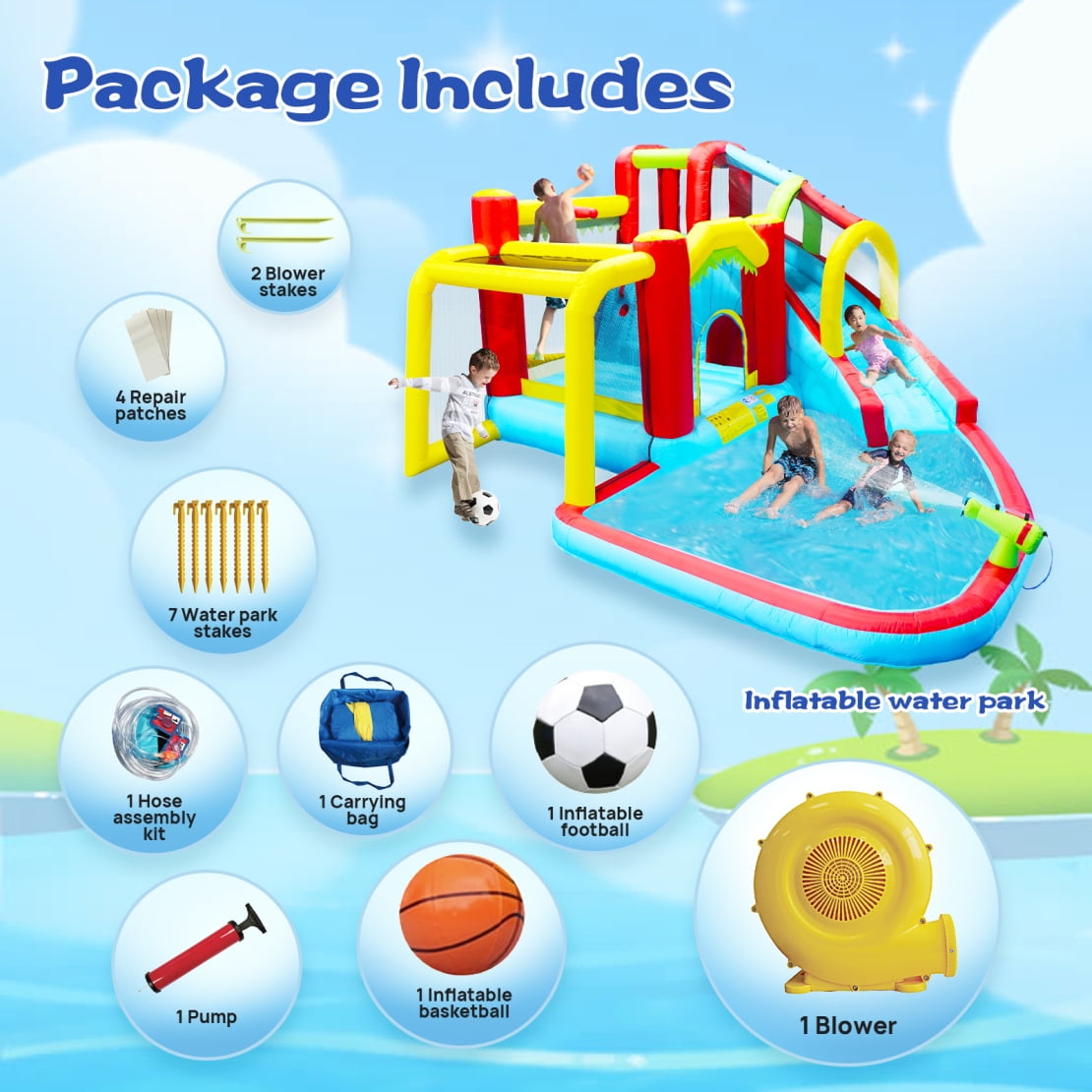 Kids Inflatable Water Slide 7-in-1 Bounce House Water Park Jumping Castle with Splash pool & Water gun & Climbing wall & Basketball & Football