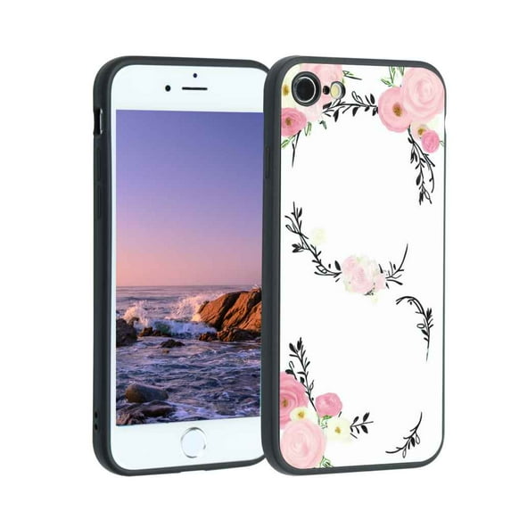 Compatible with iPhone 8 Phone Case, Floral-initial-Flower-Black-Pink-Custom46 Case Men Women, Flexible Silicone Shockproof Case for iPhone 8