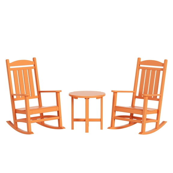 WestinTrends Malibu Classic 3 Piece Outdoor Rocking Chairs Set, All Weather Poly Lumber Adirondack Rocker Bistro Set Patio Deck Porch Chairs Set of 2 with Side Table, Orange