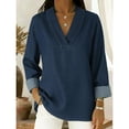 thumbnail image 2 of Women's 3/4 Sleeve Tops Solid Color Retro Denim Like Loose 3/4 Sleeve Comfort Neck Shirt V Neck T Shirts for Women, 2 of 4
