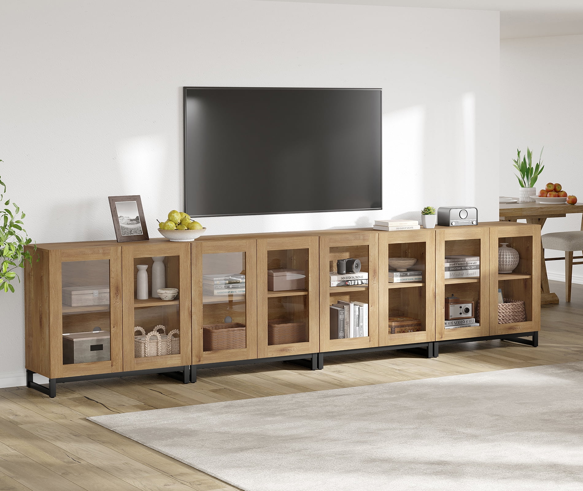 Modern TV Stand with Glass Doors, Entertainment Center TV Console with Adjustable Shelves, Media Storage Furniture up to 70 Inch TVs, Suitable for Living Room,Oak