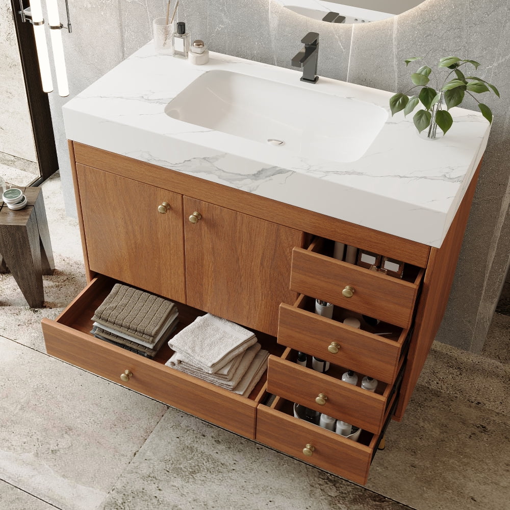 FFZ 36" Freestanding Bathroom Vanity with Faux Marble Top, Ceramic Sink, 5 Drawers & Stainless Steel Legs,4 Colors For Bathromm and Living Room